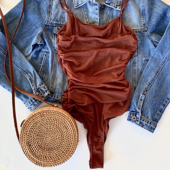 Orange Mesh Sheer Sleeveless Bodysuit - Picture 5 of 8